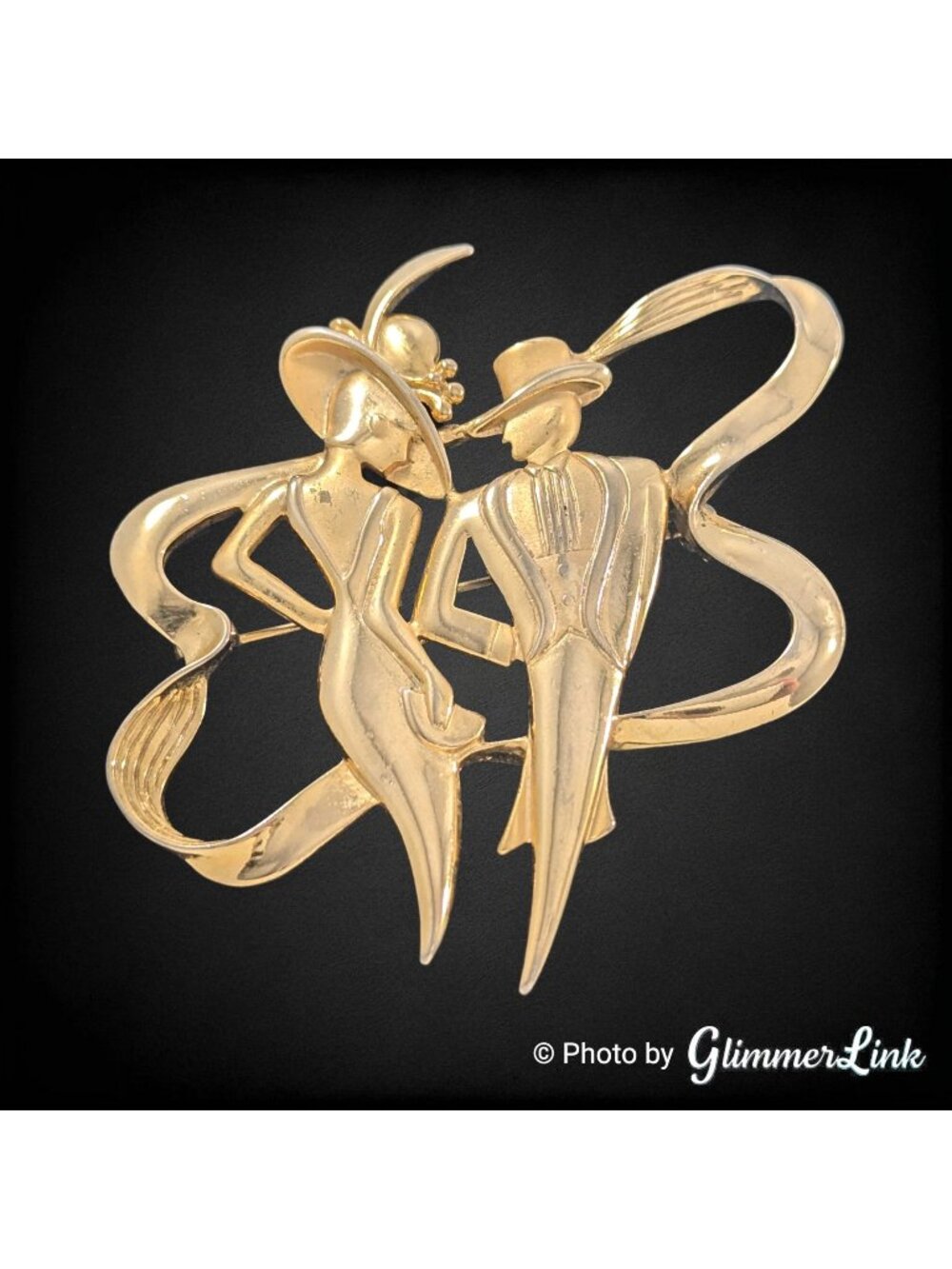 Vintage JJ Jonette Gold Tone Art Deco Style Couple Brooch Signed